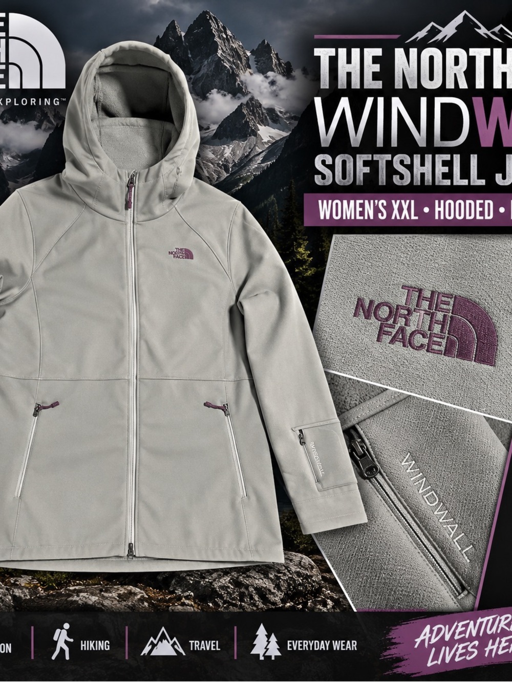 The North Face Women XXL WindWall Hooded Softshell Jacket Gray Fleece NF0A33PN